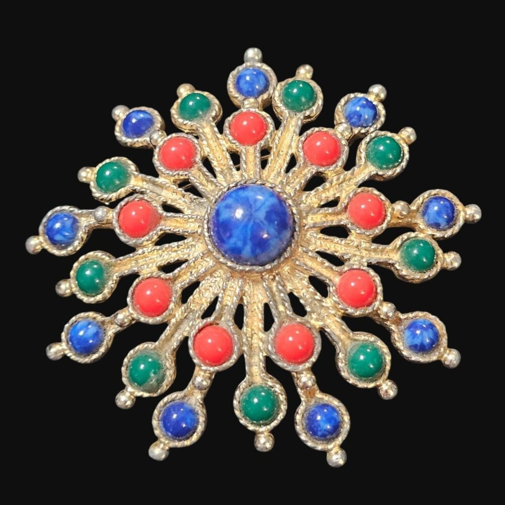 Sarah Coventry "Carnival" 1970 Goldtone Starburst Brooch W/ Multicolor Cabochons